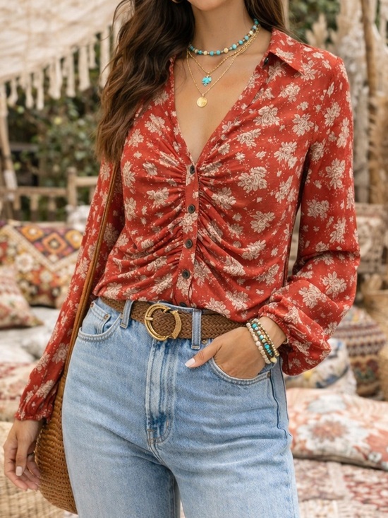 Altar'd State Tops - Altar'd State Rust Sheer Mesh Floral Ruched Button-Down Top Whimsical Boho